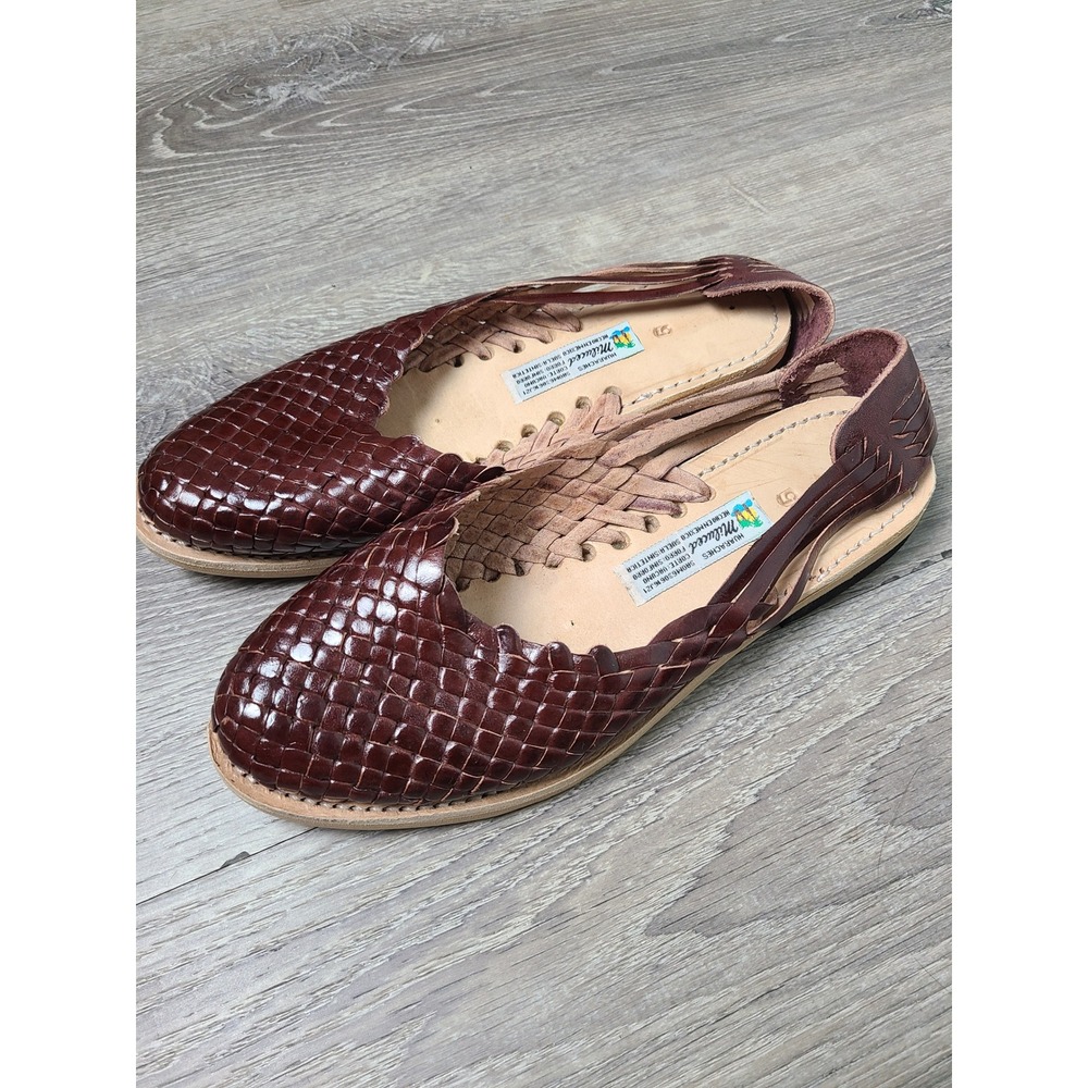 Handmade Mexico Huaraches 8 8.5 Sandals Basket Weave Brown Leather Boho Hippie